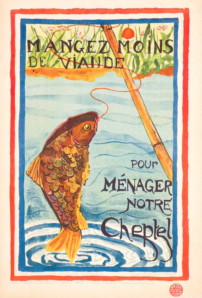 "Mangez Moins de viande pour ménager notre cheptel" - Concours de dessin sur les économies de guerre, affiche éditée à partir du dessin réalisé par l'élève Marthe Picard 16 ans, 1916 - 55 x 37 cm