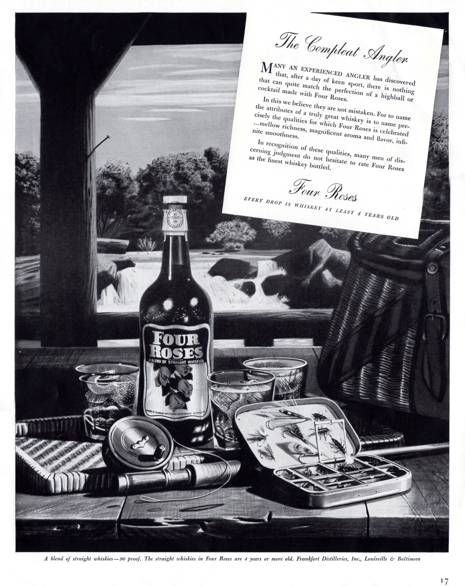 FLY FISHERMAN'S PARADISE IN 1940 FOUR ROSES WHISKEY AD